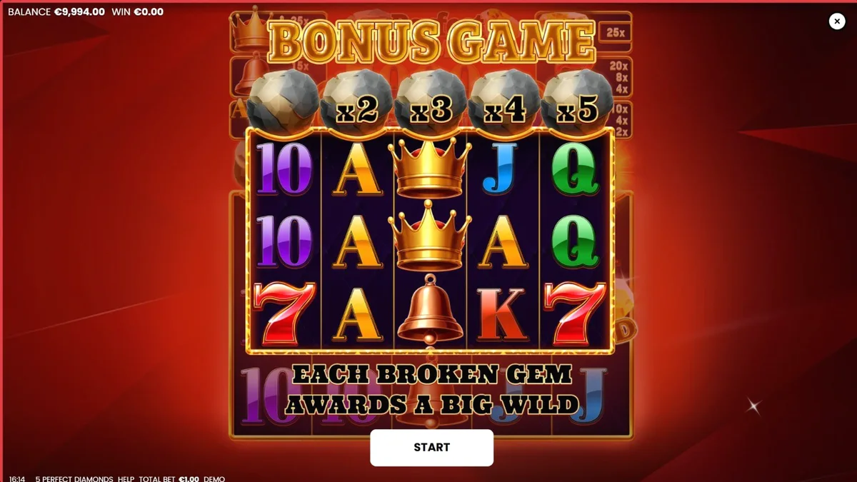 Tampilan visual slot 5 Perfect Diamonds dengan tema berlian dan latar merah