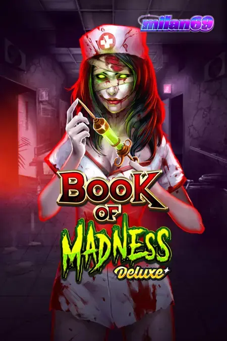 Tampilan visual slot Book of Madness Deluxe dengan tema horor rumah sakit jiwa